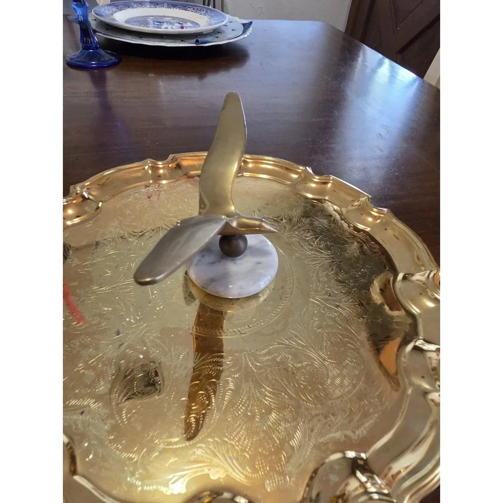 Vintage Brass Seagull On Marble Base, Nautical, Coastal
